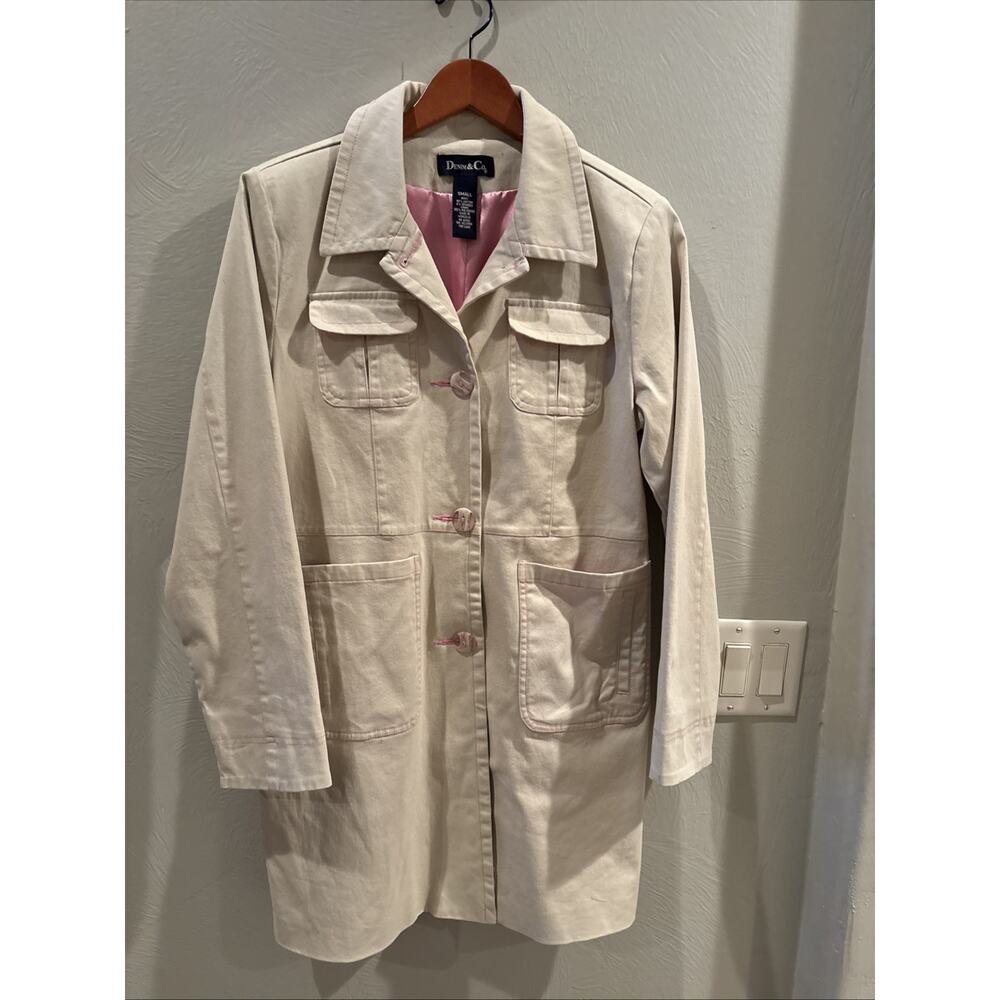 Denim & Co Trench Jacket Women Small ButtonUp Cream/Pink Lined Denim‎ Outback